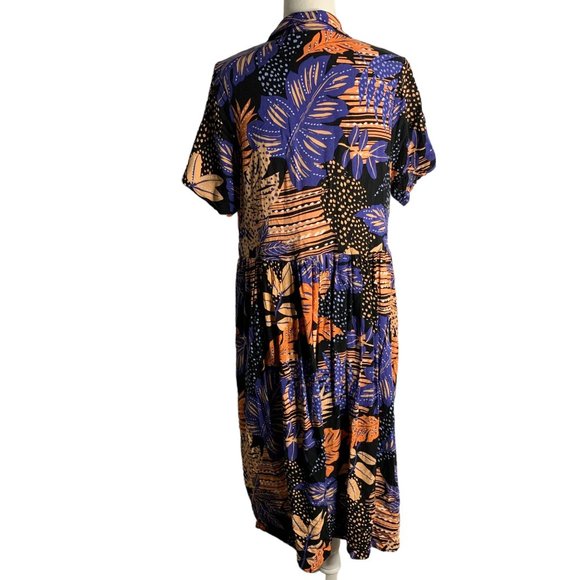 Loralette Short Sleeve High Low Dress 14/16 Black Palm Floral Buttons Pockets - Picture 4 of 6